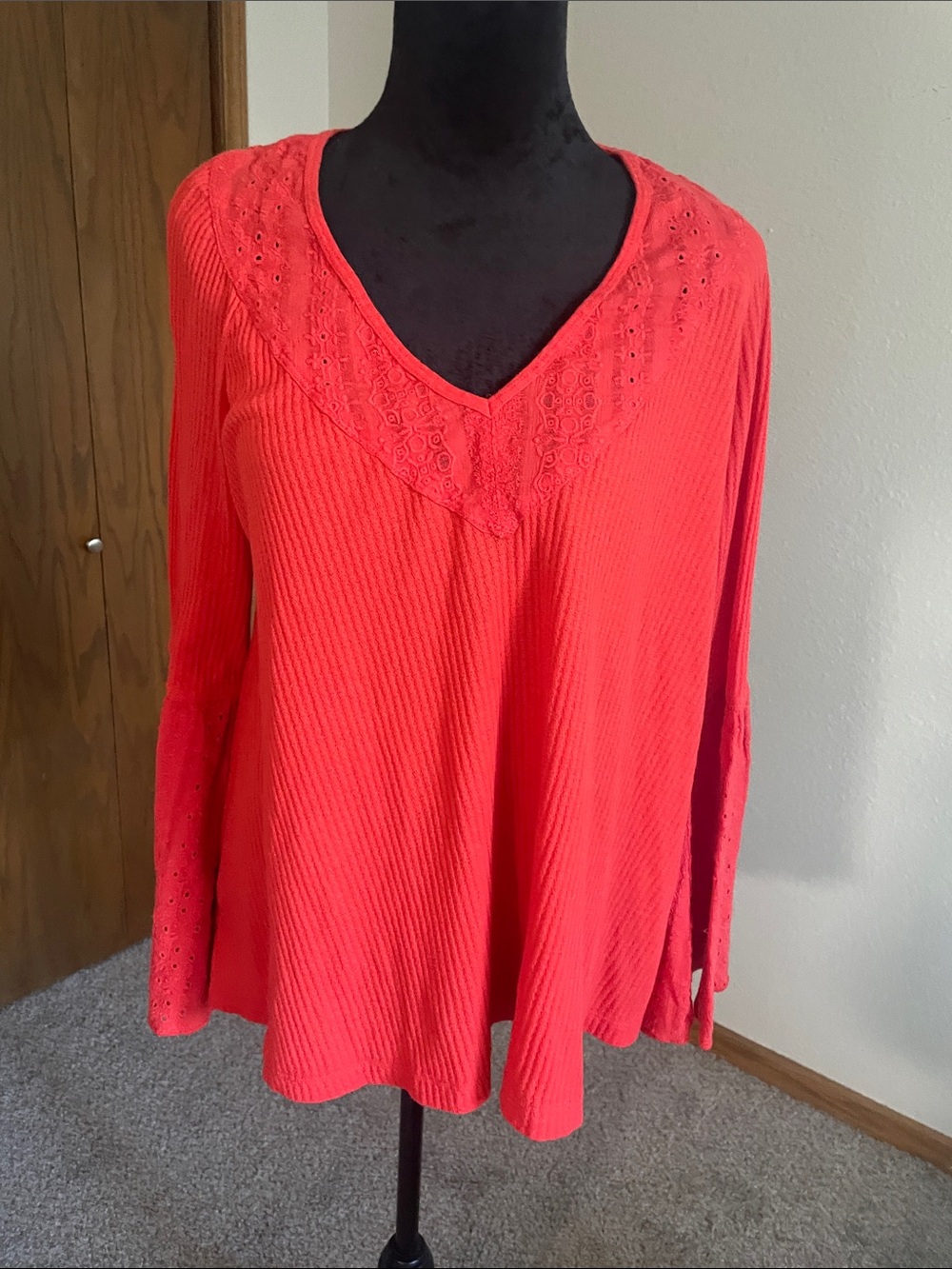 Free People Coral V-Neck Long Sleeve Top with Eyelet Lace